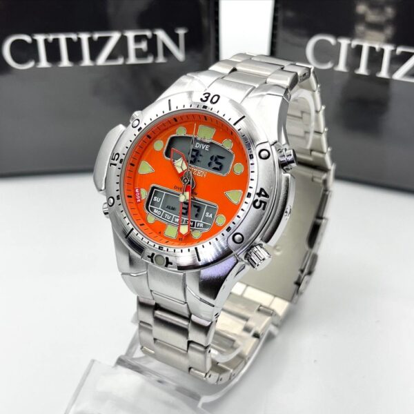 Relógio Citizen Aqualand Pulseira de aço Prata fundo Laranja c/ Caixa Premium (100% Funcional) a prova dagua - Image 3